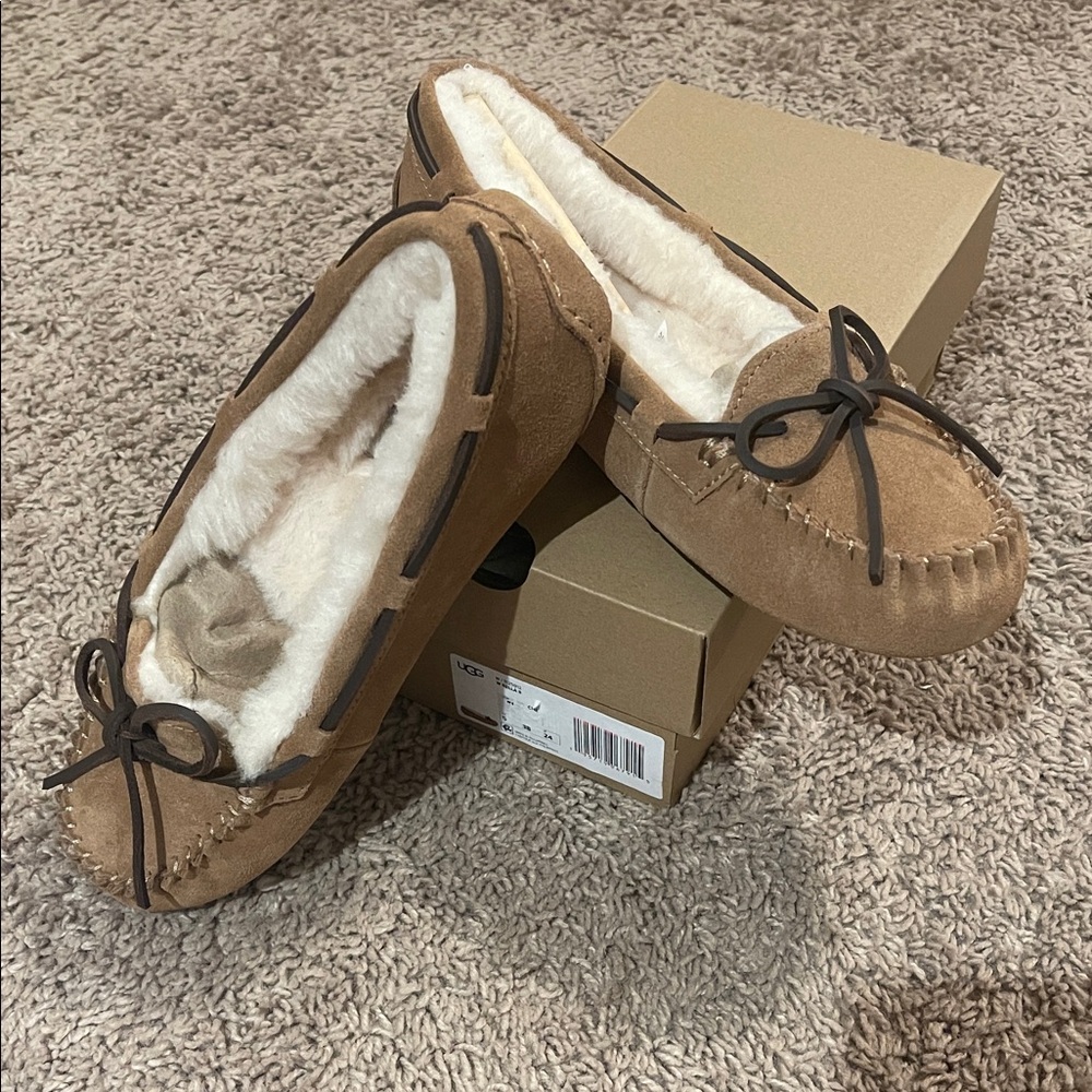 UGG Chestnut Suede Moccasin Slippers with Cream Shearling
